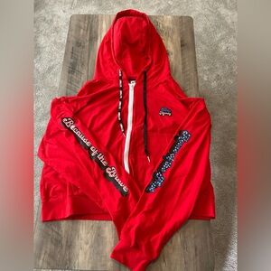 Cropped Red Hoodie with Graphic Sleeves